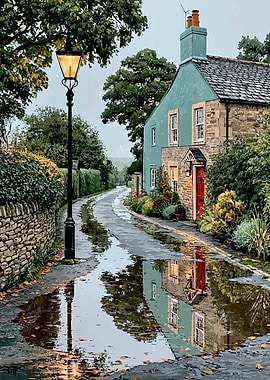 Rainy Village Street with House Reflection