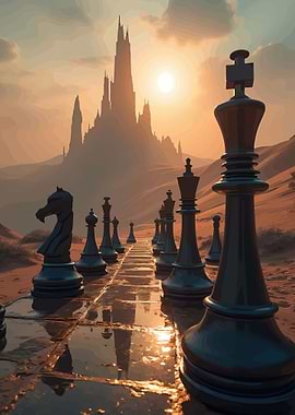 Chess pieces in a desert landscape