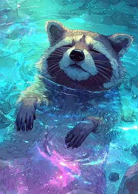 Raccoon Floating and sleep in Cosmic Water