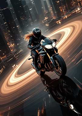 Woman riding a motorcycle in a futuristic city