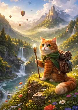 Adventurous Cat in a Fantasy Landscape