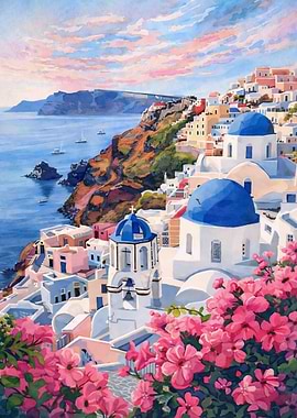 Santorini Village with Blue Domes and Flowers