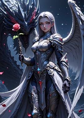 Angel Warrior with Dragon and Rose