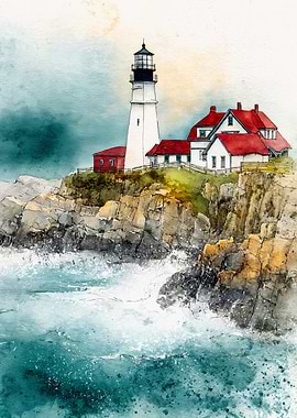 Coastal Lighthouse Watercolor Cliff Painting