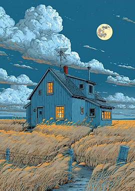 Blue house in tall grass under the moon