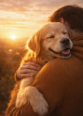 Golden Retriever Hugged at Sunset