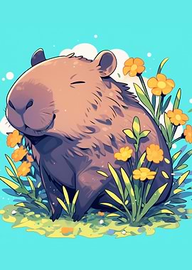 Cute Capybara in Flowers