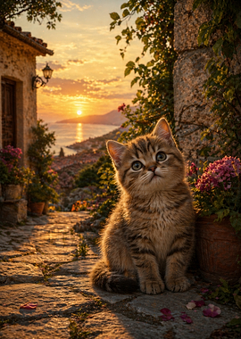 Cute Kitten in a Mediterranean Village at Sunset
