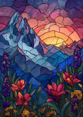Stained Glass Mountain Sunset with Flowers