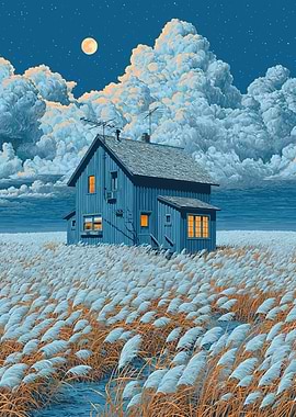 Blue House in a Field Under the Moon