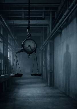 Vintage Scale with Clock in Industrial Hallway