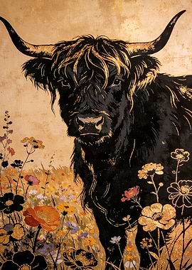Highland Cow in a Field of Flowers