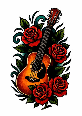 Guitar and Roses Tattoo Design