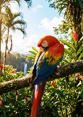 Scarlet Macaw in a Tropical Waterfall Setting