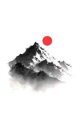 Ink Wash Mountain with Red Sun