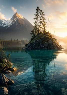Serene Mountain Lake Island Sunrise