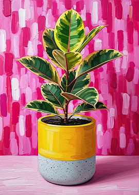 Variegated Ficus Elastica in Yellow Pot