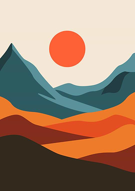 Minimalist Mountain Landscape with Sun