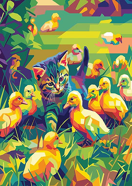 Cat and Ducklings in Pop Art Style