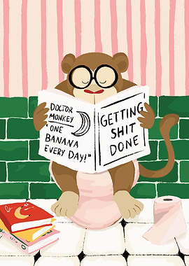 Monkey reading a newspaper on the toilet