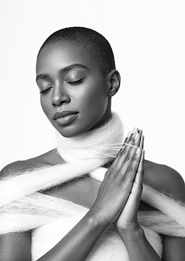 Woman with eyes closed wrapped in white material