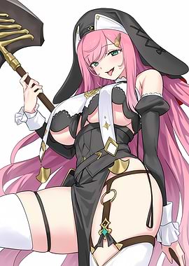 Anime Nun with Pink Hair and Axe
