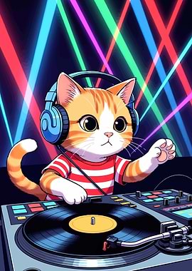 DJ Cat with Headphones and Turntable