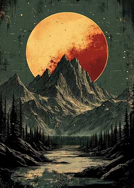 Crimson Moon Over Mountain Landscape