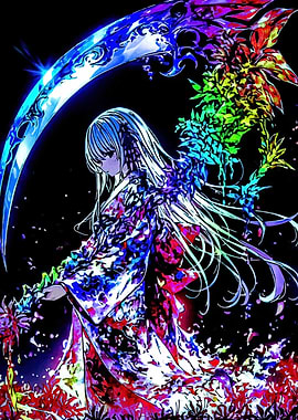 Anime Girl with Scythe and Flowers