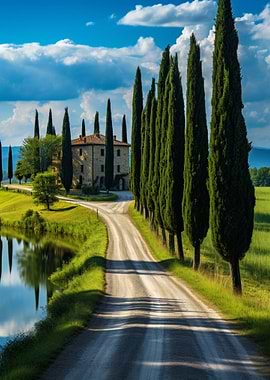 Tuscan Villa with Cypress Trees and Lake