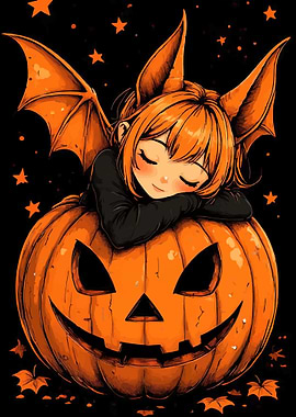 Cute Anime Bat Girl Sleeping on Pumpkin
