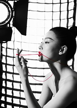 Woman with red string on lips