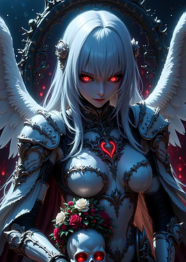 Gothic Angel with Red Eyes and Skull