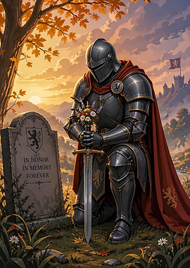 Knight kneeling at a grave