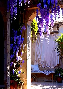 Wisteria-draped courtyard with a daybed