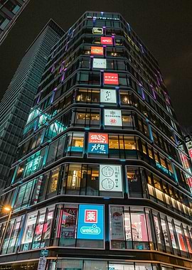 Nighttime Akihabara Building with Neon Signs