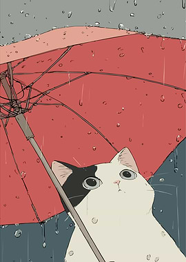 Cat Under Red Umbrella in Rain