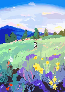 Child in a field of flowers