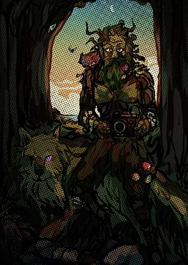 Mysterious Forest Guardian with Wolf Inscryption Game Art