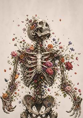 Skeleton adorned with vibrant flowers