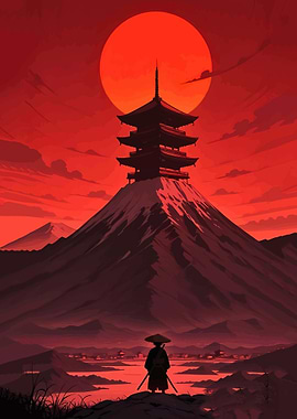 Samurai Facing Mount Fuji at Sunset