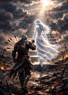 Knight Ascends to Heaven with Ethereal Guide