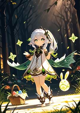 Anime Girl with Easter Basket in Forest