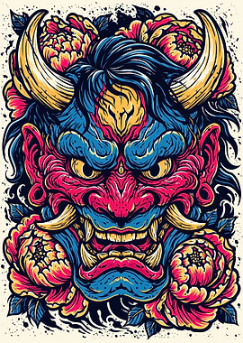 Japanese Oni Mask with Flowers