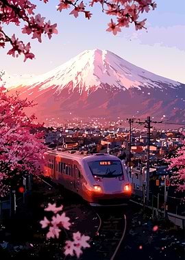Train with Mount Fuji and Cherry Blossoms