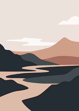 Abstract Landscape with River and Mountains