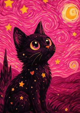 Black Cat in Starry Night Sky