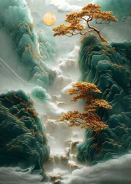 Misty Mountain Waterfall with Bonsai Tree