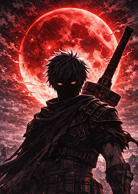 Dark Warrior Under Red Moon