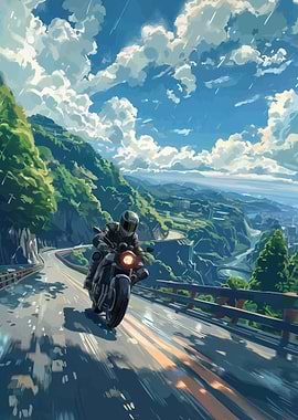 Motorcyclist on a Rainy Mountain Road